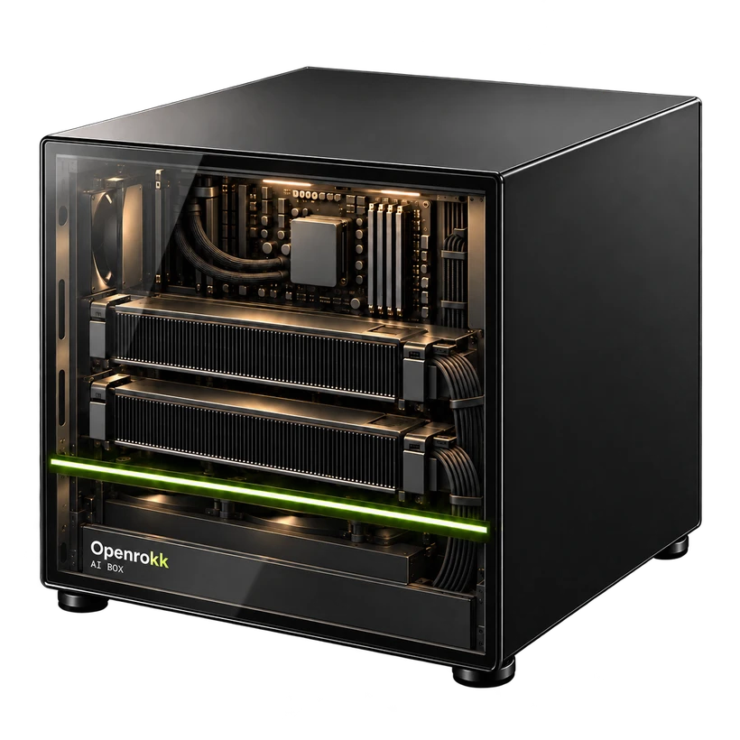 Visualisation of a black Openrokk AI Box with a transparent front and GPUs