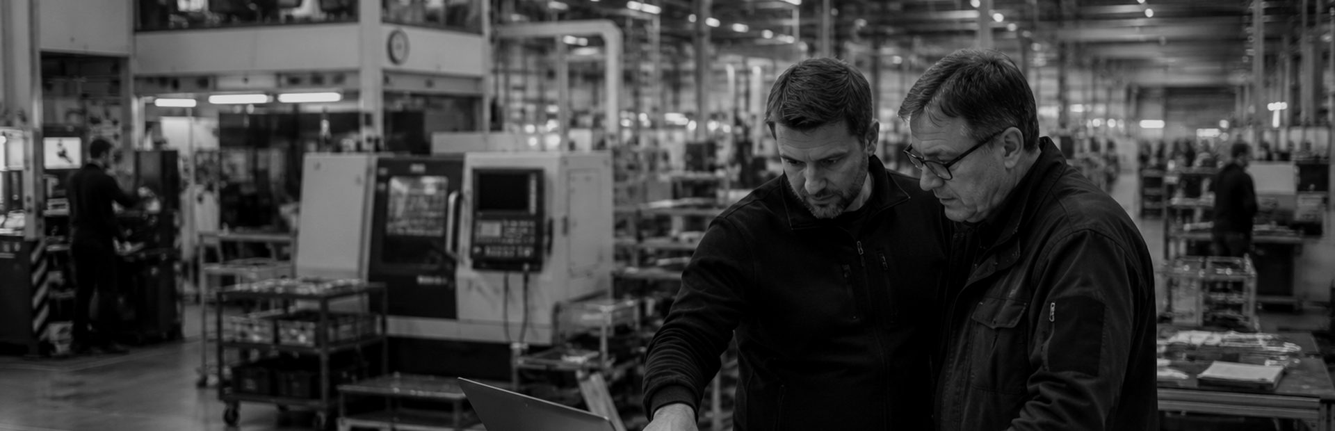 Two people in a workshop over a drawing and a laptop, machine tools behind them